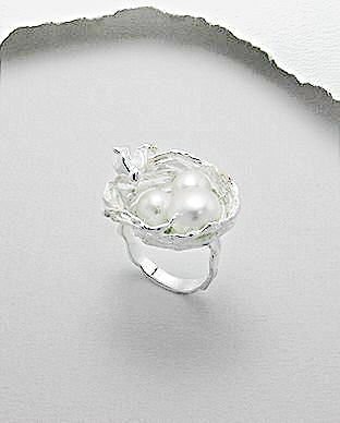 Sterling Silver and Pearl Bird's Nest and Chick Ring