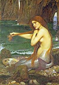 A mermaid combs her hair in a painting by Waterhouse
