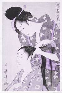 A Japanese Woman Adorns Another's Hair With Hair Sticks in a Painting by Utamaro
