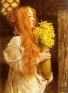 A Lovely Redhead is depicted in Spring Flowers by Sir Laurence Alma-Tadema